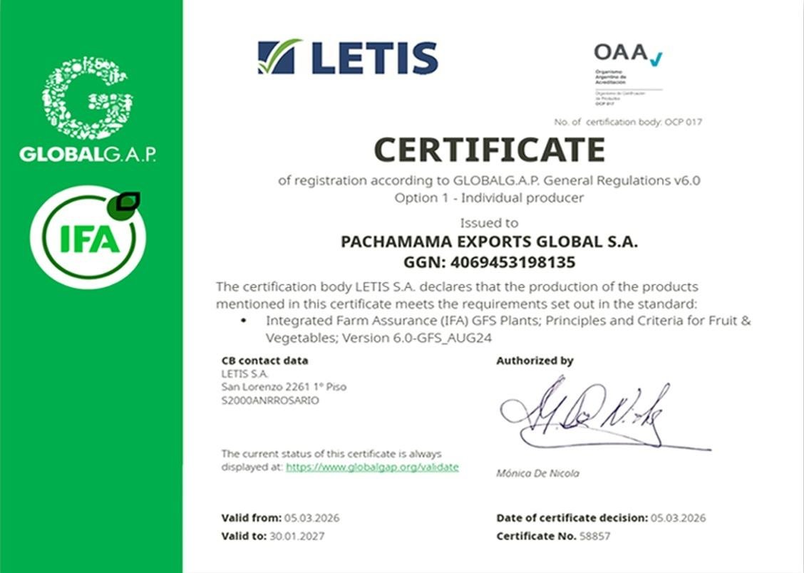 Certificado GLOBALG.A.P. versión 6.0 edición GFS de Pachamama Exports Global S.A., con el número GGN