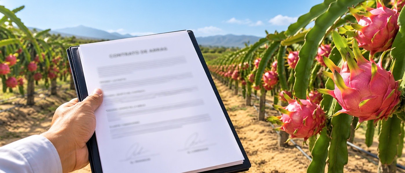 Contrato de arras del Megaproyecto Pachamama sostenido frente a una hilera de pitahaya en Jayanca