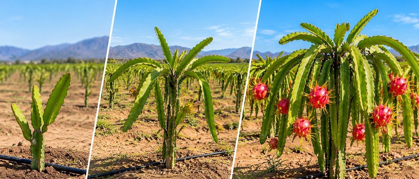 Tres plantas de pitahaya de edades distintas: plantón joven, planta en formación y planta en producción