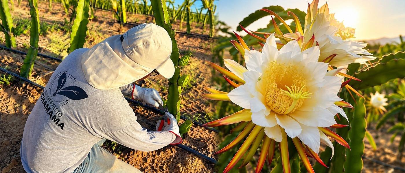 Labor de poda en el cultivo de pitahaya y flor de pitahaya abierta al atardecer en Jayanca